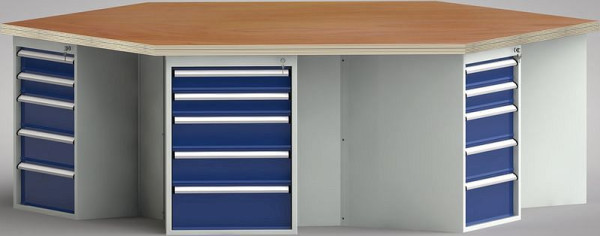 KLW standaard werkbank in zeshoekige vorm (ERGO-versie) met beuken multiplex blad in zeshoekige vorm 2338 x 2700 x 40 mm L x B x S, WS620E-1350M40-E8007