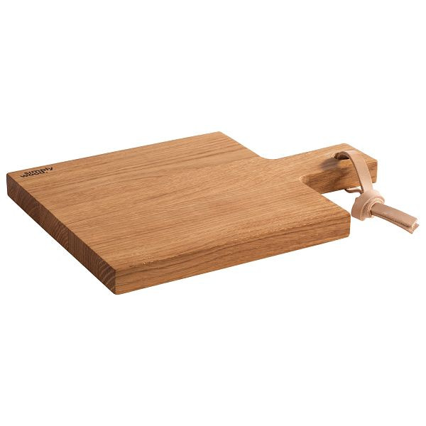APS serveerplank -SIMPLY WOOD-, 28 x 20 x 2 cm, geolied eikenhout, serveeroppervlak: 20 x 20 cm, totale lengte: 28 cm, met ophanggat: Ø 1,5 cm, lederen band, 00750