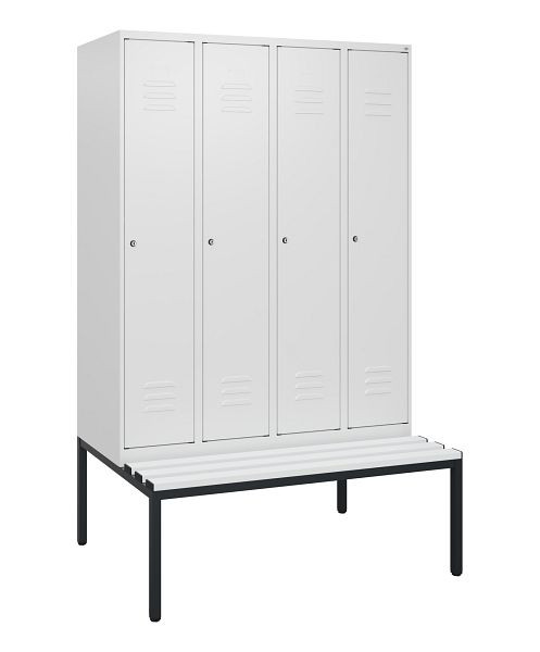 C+P Umkleidespind Classic PLUS, mit untergebauter Sitzbank, 4 Abteile, 1950x1200x815mm, 9016/9016, Zylinderschlösser, 0800505-40 S10059