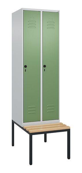 C+P luierkastje Classic PLUS met middenwand, bank, 2 vakken, 2120x600x815mm, 7035/6011, draaibare sluiting, beuken zitlat, 0800507-20F S10006