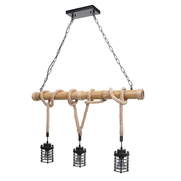 Mendler hanglamp HWC-H82, hanglamp hanglamp, industriële vintage bamboe touw metaal zwart, 3x kooi lampenkap, 74203