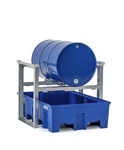 DENIOS vatenrek voor 1 vat van elk 200 liter, met kunststof bak, 1049 x 1245 x 837 mm, 291-777