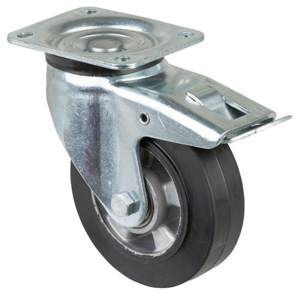BS Rolls Zwaarlastwiel met rem, breedte 50 mm, Ø160 mm, tot 300 kg, zwarte elastische banden, aluminium wiellichaam, kogellagers, L620.B80.160