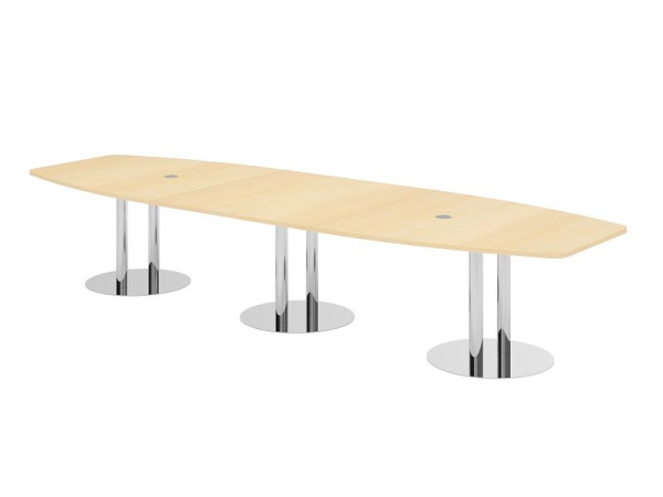 Hammerbacher vergadertafel KT40S, 400 x 130 cm, blad: esdoorn, 25 mm dik, met drie verchroomde kolompoten, 7,6/70 cm, werkhoogte 74 cm, VKT40S/3/C