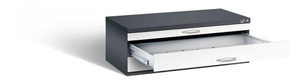 C+P platte archiefkast serie 7100_7200, H420xB1100xD765mm, kleur: zwartgrijs / verkeerswit, beugelgreep, 7100-100 S10144