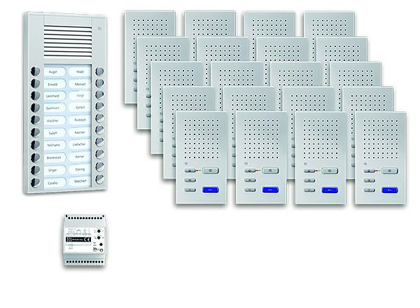 TCS deurbediening audio: pack AP voor 20 woonunits, met buitenstation PES 20 belknoppen, 20x handsfree luidspreker ISW3030, bedieningsunit, PPAF20-EN/02