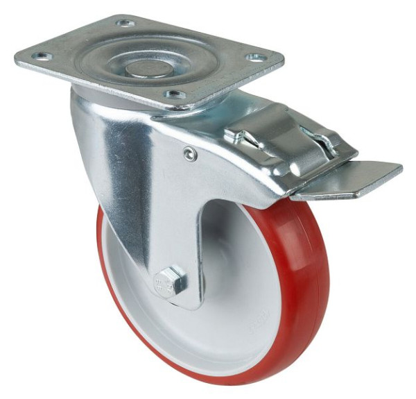 BS rollen transportrol met rem, breedte 32 mm, Ø125 mm, tot 180 kg, rood polyurethaan, kunststof behuizing, rollager, plaat, LB520.B31.125