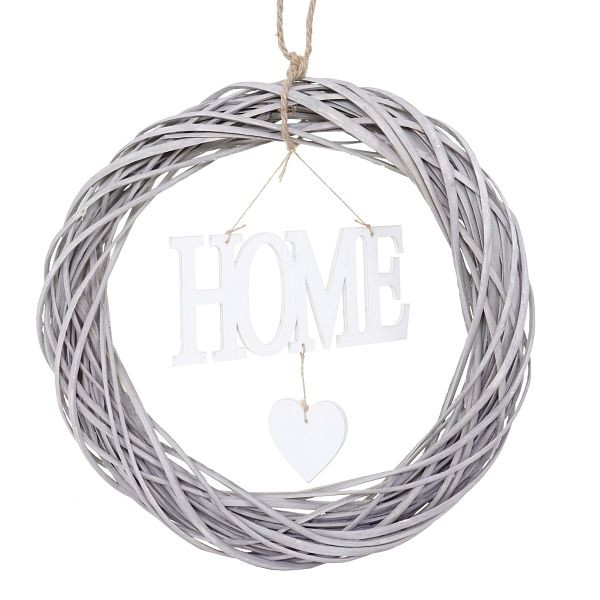 Mendler deurkrans Home rond, decoratieve krans wandkrans krans, hout Ø 40cm witgrijs, 56576