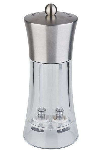 APS 2 in 1 zout- en pepermolen, Ø 7,5 cm, hoogte: 18,5 cm, RVS, acryl, keramische molen, verstelbare maalgraad, 40545