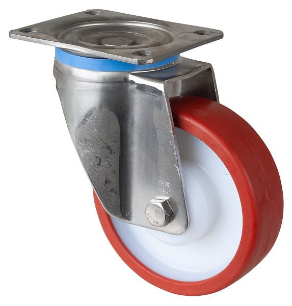 BS rollen RVS zwaarlastrol, breedte 45 mm, Ø150 mm, tot 450 kg, rood polyurethaan loopvlak, kunststof behuizing, RVS rollager, HS100.B28.151