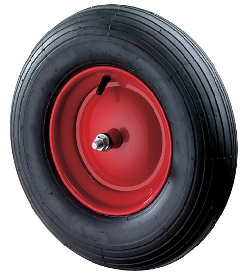 BS Rollen kruiwagenwiel met as, breedte 100 mm, Ø400 mm, tot 300 kg, zwart rubberen loopvlak, wiellichaam stalen velg, rollager glijlager, D30.402