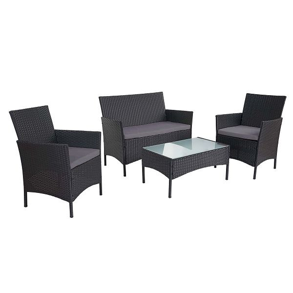 Mendler 2-1-1 poly rattan tuinset Halden, zitgroep loungeset bank, antraciet, kussens antraciet, 64304+64280+52039