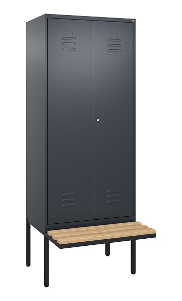 C+P Umkleidespind Classic PLUS SW, 2 Abteile, 2120x800x815mm, 7016/7016, Zylinderschloss, Buche-Sitzleisten, 0800427-22 S10056