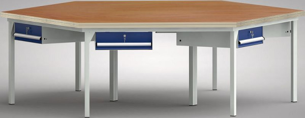 KLW standaard werkbank in zeshoekige vorm met beuken multiplex blad in zeshoekige vorm 2338 x 2700 x 40 mm L x B x S, WS600N-1350M40-E7001