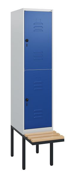 C+P Doppelstöckiger Spind Classic PLUS, 1950x400x815mm, 7035/5010, Drehriegel, Sitzleisten aus Buche, schwebende Sitzfläche, 0803405-12 S10003