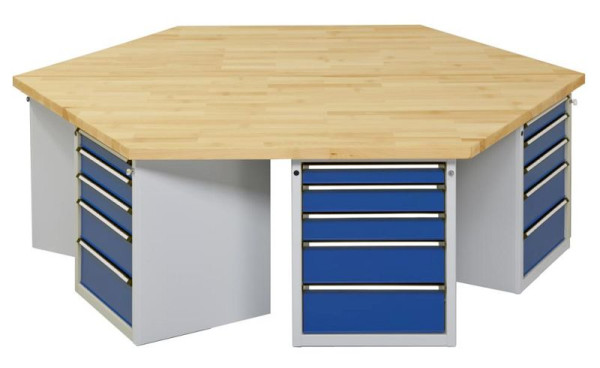 ANKE zeshoekige groepswerkbank; 6 werkplekken; 2340x2700 mm; RAL 7035/5010; Massief beuken blad 50 mm; Randlengte 1350 mm, model 604 VG