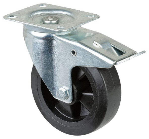 BS rollen transportrol met rem, breedte 50 mm, Ø160 mm, tot 250 kg, zwarte elastische banden, kunststof wiellichaam, rollager, L420.B60.160