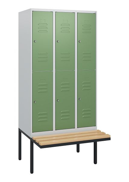 C+P dubbeldekskast Classic PLUS, 3 compartimenten, 1950x900x815mm, 7035/6011, cilindersloten, beukenhouten zitlatten, zitting, 0803405-30 S10036