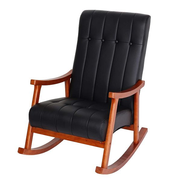 Mendler schommelstoel HWC-K10, schommelstoel, schommelstoel, relaxstoel, imitatieleer zwart, frame walnoot-look, 86624