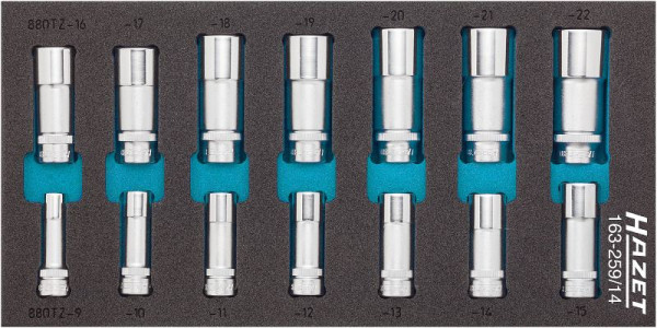 Hazet dopsleutelset, hol vierkant 10 mm (3/8 inch), uitwendig dubbel zeskant trekprofiel, 9 - 22, aantal gereedschappen: 14, 163-259/14