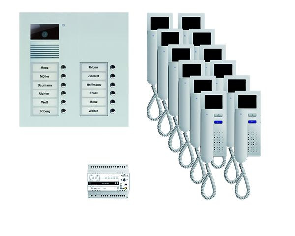 TCS deurbediening video: pack UP voor 12 wooneenheden, met voordeurstation AVU 12 belknoppen, 12x video deurtelefoon IVH3222, bediening, PVU16120-0010