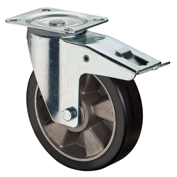 BS rollen transportrol met rem, breedte 40 mm, Ø125 mm, tot 200 kg, gegoten polyurethaan loopvlak, aluminium behuizing, kogellagers, LS420.B91.125