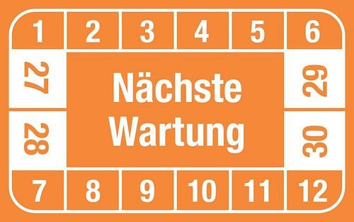 DENIOS teststicker "Next Maintenance", 27 - 30, oranje, folie, SK, 40 x 25 mm, verpakking: 5 vellen à 12 stuks, 290204