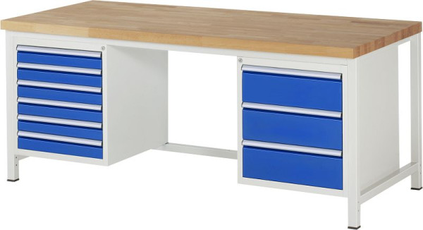 RAU werkbank serie 8000 - frameconstructie (gelast frame), 2 onderbouw containers (6x lade, 3x lade), 2000x840x900 mm, 03-8183A1-209B4S.11