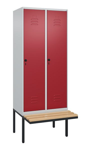 C+P Umkleidespind Classic PLUS, 2 Abteile, 2120x800x815mm, 7035/3003, Drehriegel, Buche-Sitzleisten, je 2 Doppel-Haken, 0800407-22F S10001