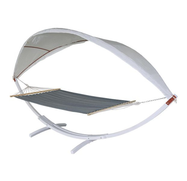 Mendler hangmat HWC-J47, hangende schommel tot 200kg zonnedak FSC houten frame 420cm 2 personen, wit, grijs, 80676 + 80677