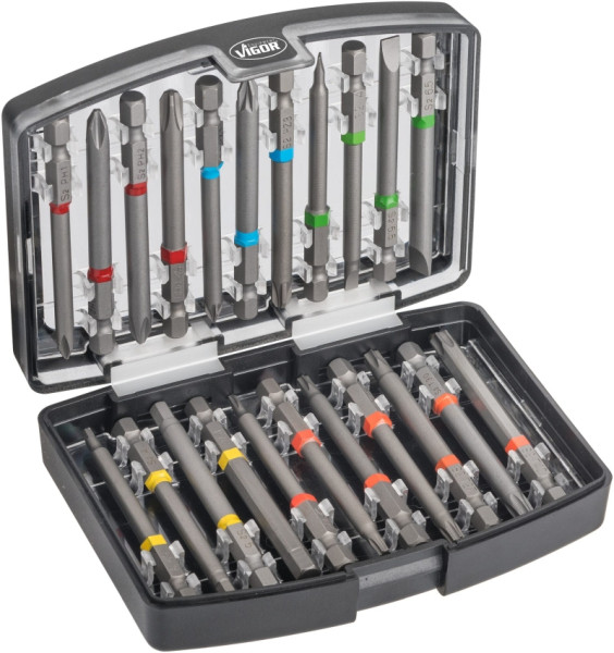 VIGOR bitbox, massieve zeskant 6,3 (1/4 inch), 0,8 x 4 - 1 x 5,4 - 6, PH1 - PH3, PZ1 - PZ3, T10 - T40, aantal gereedschappen: 22, V6068