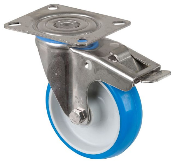 BS rollen RVS transportrol met rem, B32 mm, Ø100 mm, tot 110 kg, blauw polyurethaan, kunststof behuizing, glijlager, plaat, H120.B32.100