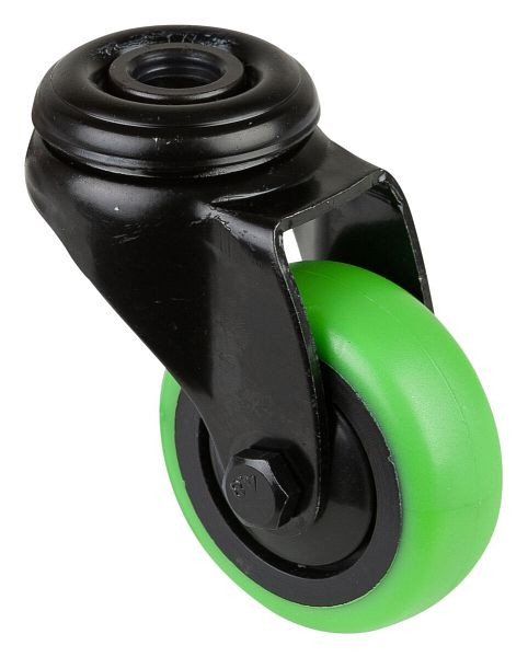 BS Wielen Zwart zwenkwiel, groen thermoplastisch rubberen wiel, zwarte velg, kogellager, achtergat, diameter: 50 mm, VE 8 stuks, A801.A85.050.04