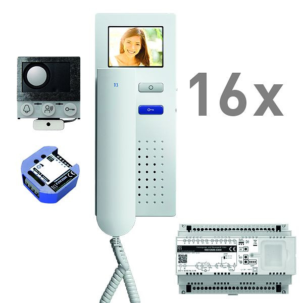 TCS video inbouw brievenbus, 16 woonunits, ingebouwde luidspreker ASI12000 + 16x deurtelefoon IVH3222, besturingsapparaat + video tweedraadszender, PVIH160/001