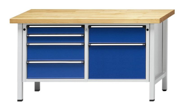 ANKE kastwerkbank; 1500x700 mm; RAL 7035/5010; Links 4 laden 90, 90, 180, 180 mm; Rechts 2 laden 180, 360 mm