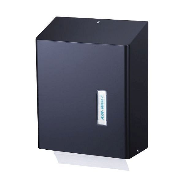 Air Wolf papieren handdoekdispenser voor ca. 500 papieren handdoeken, Omega-serie, H x B x D: 350 x 278 x 133 mm, mat zwart gecoat roestvrij staal, 29-521