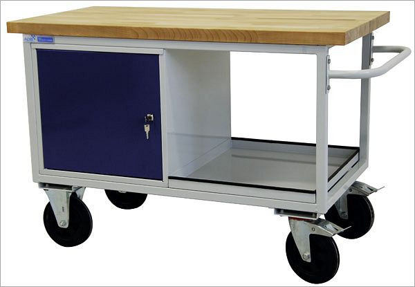 ADB verrijdbare werkbank "tafelwagen type" met 1 deur, plank, 840x1300x600 mm, tafelwagen: lichtgrijs, RAL 7035, deur/lades: lichtblauw (RAL 5012), 42743