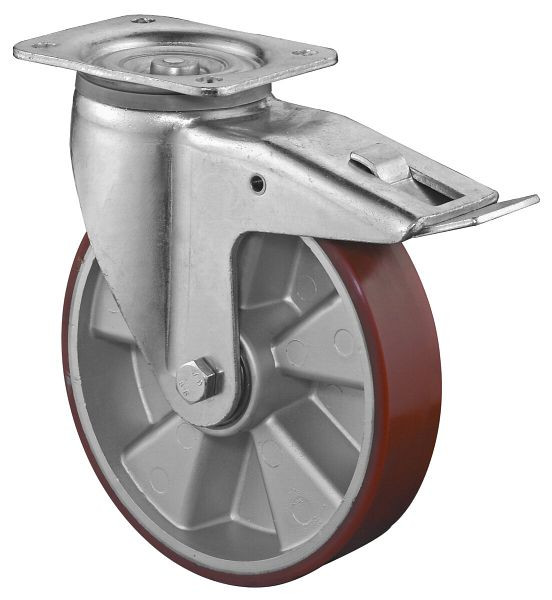BS-wielen Zwaarlastwiel met rem, breedte 50 mm, Ø200 mm, tot 800 kg, polyurethaan gegoten 95 Shore A, aluminium behuizing, kogellager, L620.B90.200