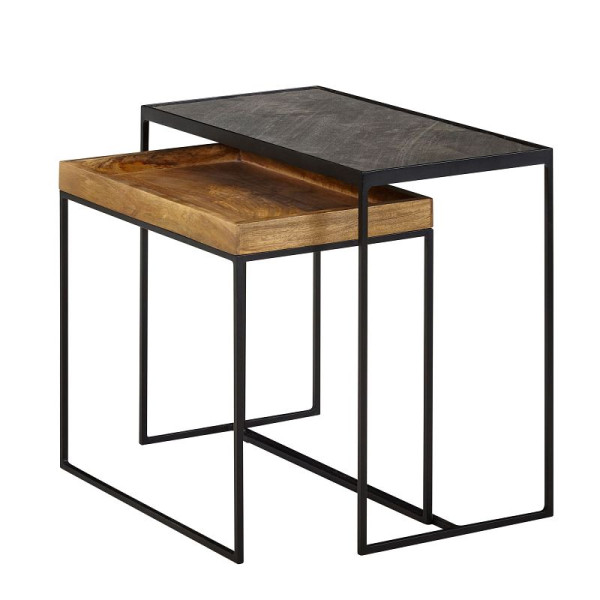 Wohnling woonkamertafel set van 2 mango massief hout / steen bijzettafel vierkant, design bijzettafel industrieel, banktafel salontafel rechthoekig, WL6.636