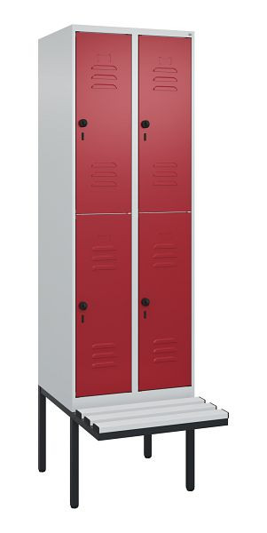 C+P Doppelstöckiger Spind Classic PLUS, 2 Abteile, 2120x600x815mm, 7035/3003, Drehriegel, mit Untergestell und schwebender Sitzfläche, 0803407-20 S10106
