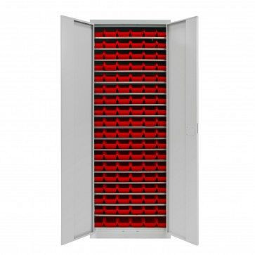 ADB draaideurkast met 108 zichtbare opbergdozen en planken, afmetingen BxLxH: 170x240x126 mm, kleur: rood, 40827