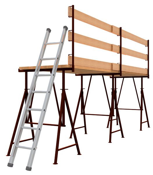 Schake vouwsteigerschraag SET1, 3x vouwsteigerschraag Compact S maat 3, 3x leuningpalen, 8x steigerplanken 240x 2500x 45 mm, 6x kantplank, 10123S-SET1