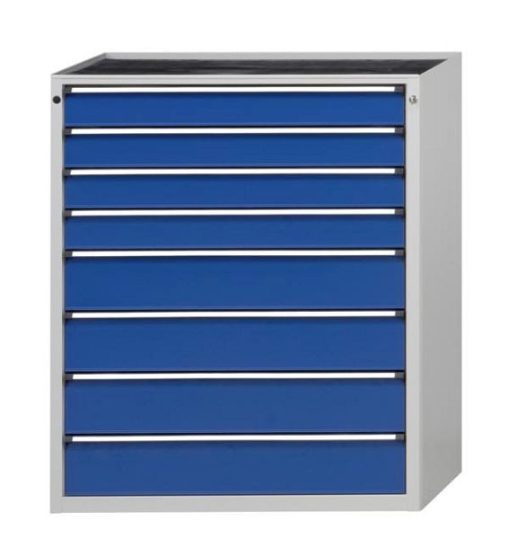 ANKE gereedschapskast; 1065 x 700 x 1320 mm; RAL 7035/5010; Massief beuken blad 40 mm; 8 laden 120, 120, 120, 120, 180, 180, 180, 180 mm, 610.515