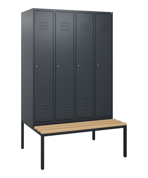C+P Umkleidespind Classic PLUS, mit untergebauter Sitzbank, 4 Abteile, 1950x1200x815mm, 7016/7016, Zylinderschlösser, Buche-Sitzleisten, 0800505-40 S10027