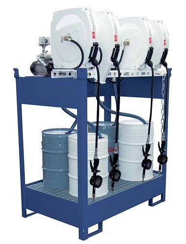 DENIOS oliestation EPO-4, kuip, 4 elektrische vatpompen, slanghaspel 10 m, 201-604