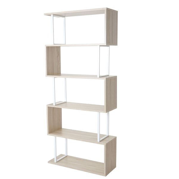 Mendler boekenplank HWC-A27, vrijstaande plank, woonkamerplank, 183x80cm 3D-structuur 5 niveaus, eiken look, metaal wit, 50091
