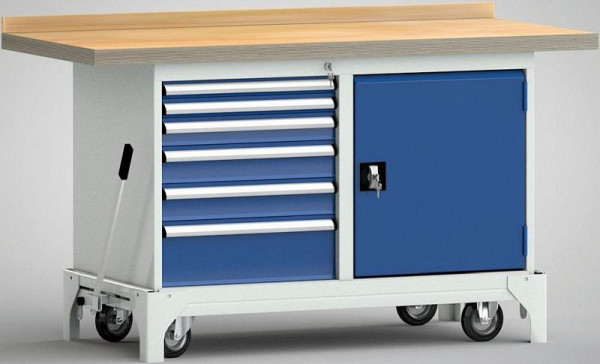 KLW mobiele professionele werkbank, 1500 x 700 x 871 mm L x B x H, met beuken multiplex blad, met achterwand, WP782N-1500M45-E0012