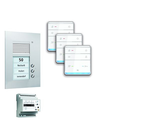 TCS deurbedieningssysteem audio: pack UP voor 3 wooneenheden, met buitenstation PUK 3 belknoppen, 3x handsfree luidspreker ISW5010, bedieningseenheid BVS20, PPUF03-EN / 01