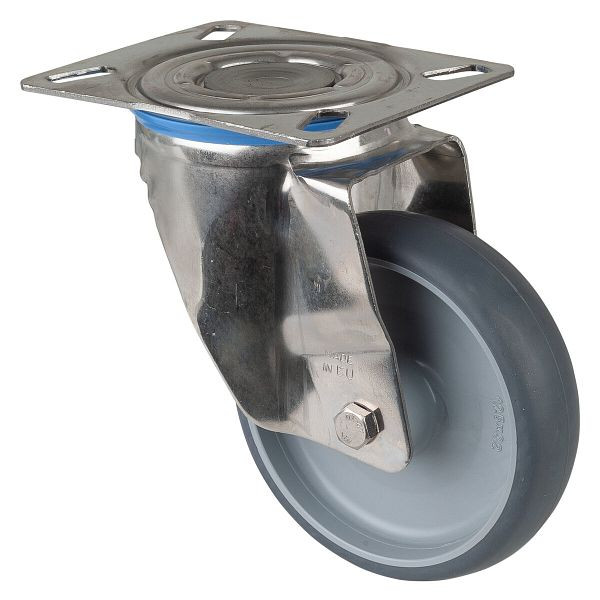 BS rollen RVS transportrol, breedte 35 mm, Ø125 mm, tot 125 kg, grijze thermoplastische banden, kunststof wiellichaam, glijlager, plaat, H100.B43.126