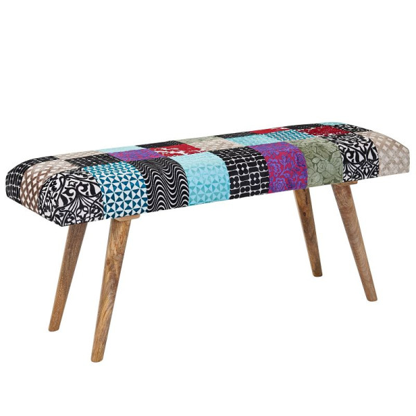 Wohnling bank fluweel / massief houten bank kleurrijk 117x51x38 cm bedbank patchwork, design gestoffeerde bank hal modern, gewatteerde stoffen bank eetkamer, WL6.477